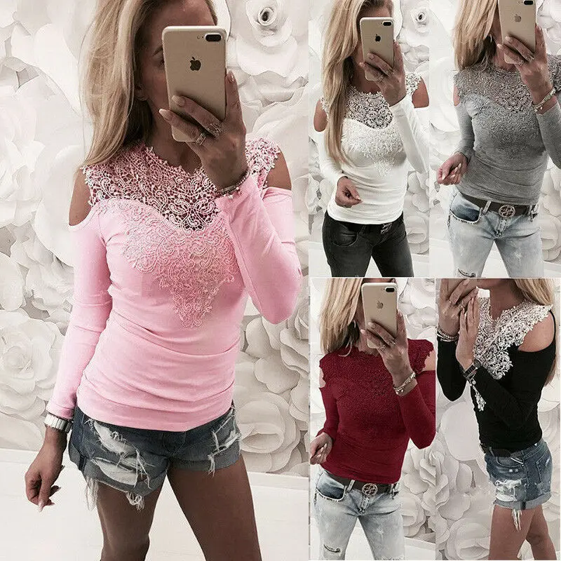 Женский кружевной топ с круглым вырезом длинным рукавом и открытыми плечами 4