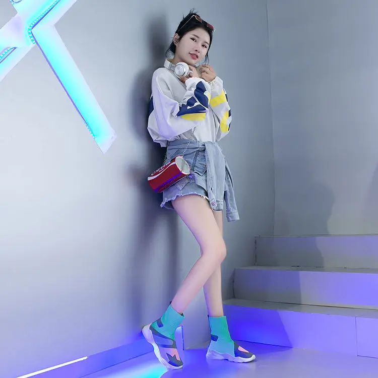 

High-top Mesh Breathable Women Socks Shoes Elastic Women's Casual Flat Shoes Colorful Fashion Ladies Platform Flats