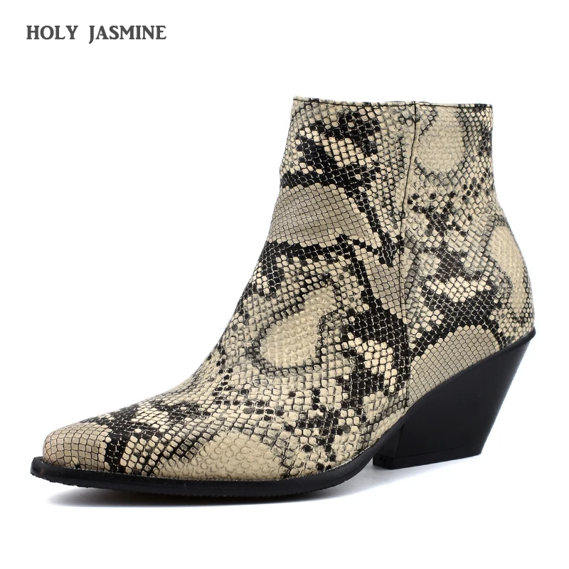 

Brand Shoes Print Snake Microfiber Leather High Heels Ankle Boots for Women Footwear Female Warm 2019 New Winter Boots Women