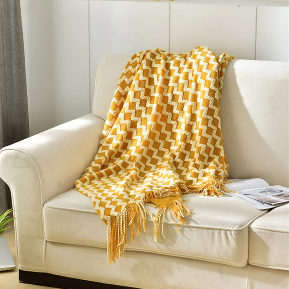

ADOREHOUSE Nordic Knit Blanket Wave Pattern Blanket Decorative Tassels Throw Blankets Sofa Throw Nap Cape