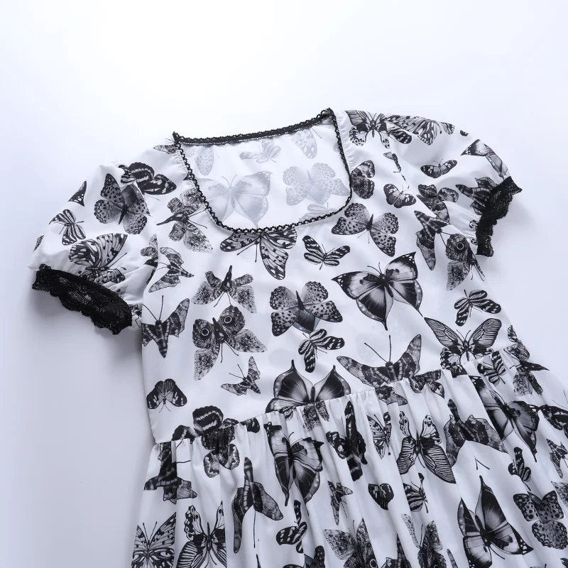 

Goth Butterfly Print Lace Trim Mini Dresses Sexy Harajuku Black Short Puff Sleeve Party Dresses Vintage Women Summer Clothing