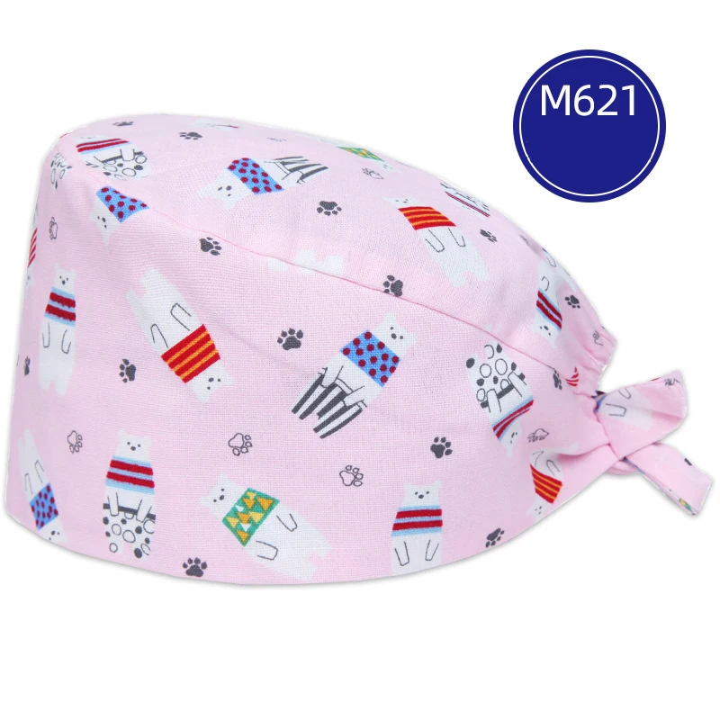 

Pink Polar Bear Women Scrub Caps Pattern Dental Nursing Veterinary Print Scrubs Hat Proof 100% Cotton Beautician Chef Skull Cap