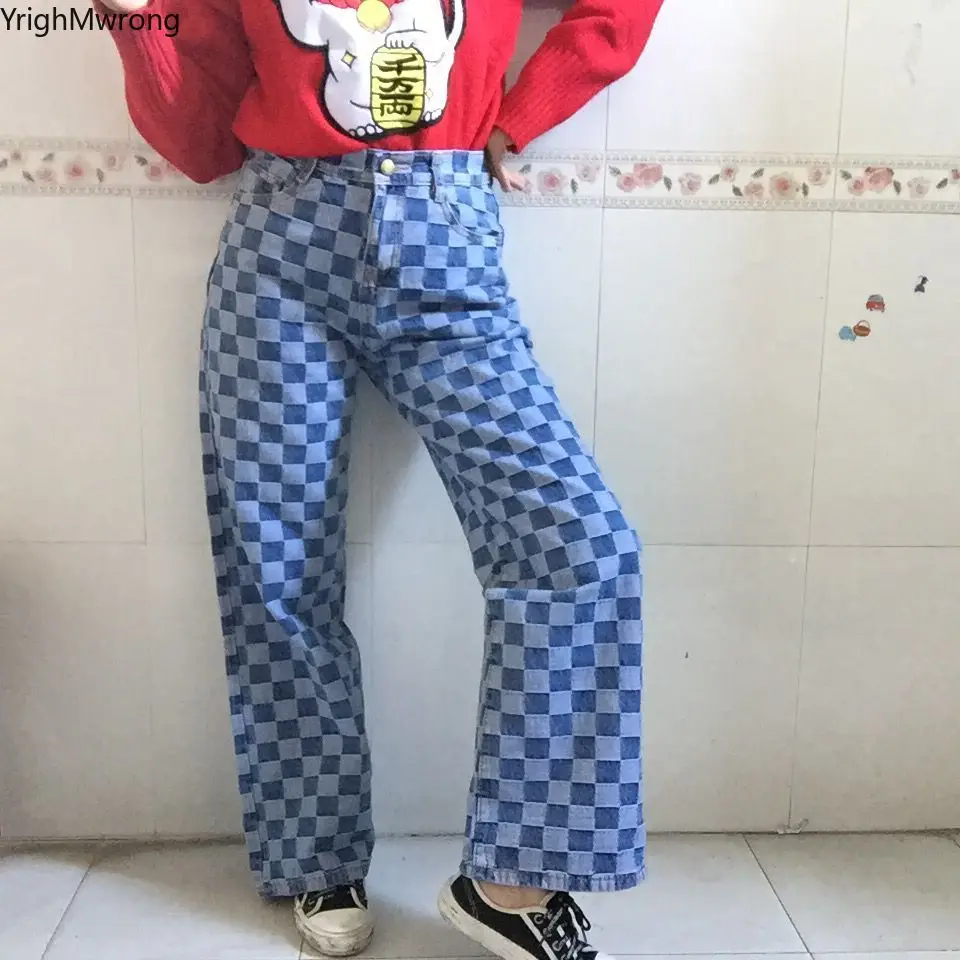 Размера плюс Корейская уличная одежда клетчатые джинсовые свободные прямые