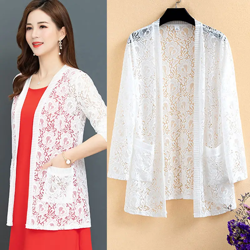 Женские летние Ажурные кружевные блузки Кардиган с длинным рукавом рубашка для