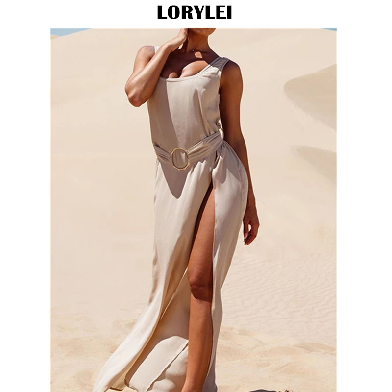 2020 сексуальное летнее пляжное платье без рукавов с открытой спиной и разрезом по