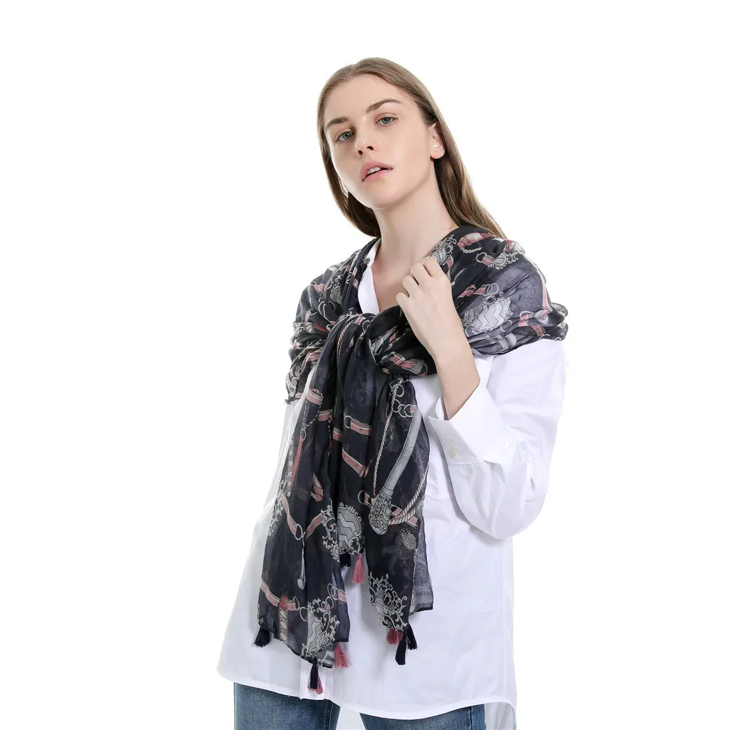 Шифоновые черные Ретро шарфы с принтом богемные женские Лоскутные шали рюшами