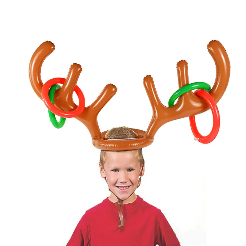 1set Funny Reindeer Antler Hat Ring Toss Christmas Throwing Game Inflatable Santa Balloon For Xmas New Years Home Party Kids Toy