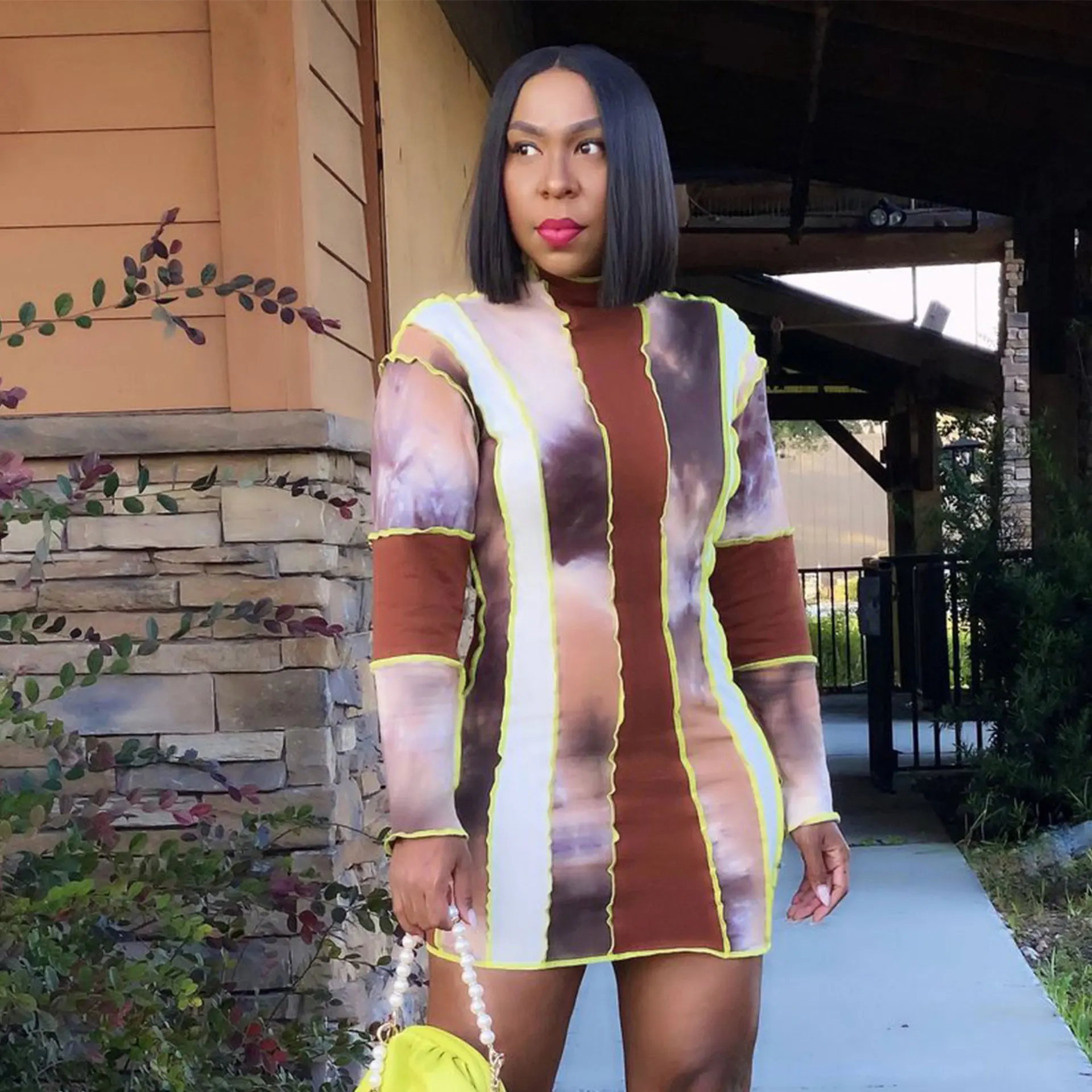 

Платье женское вечернее с длинным рукавом, пэчворком и принтом