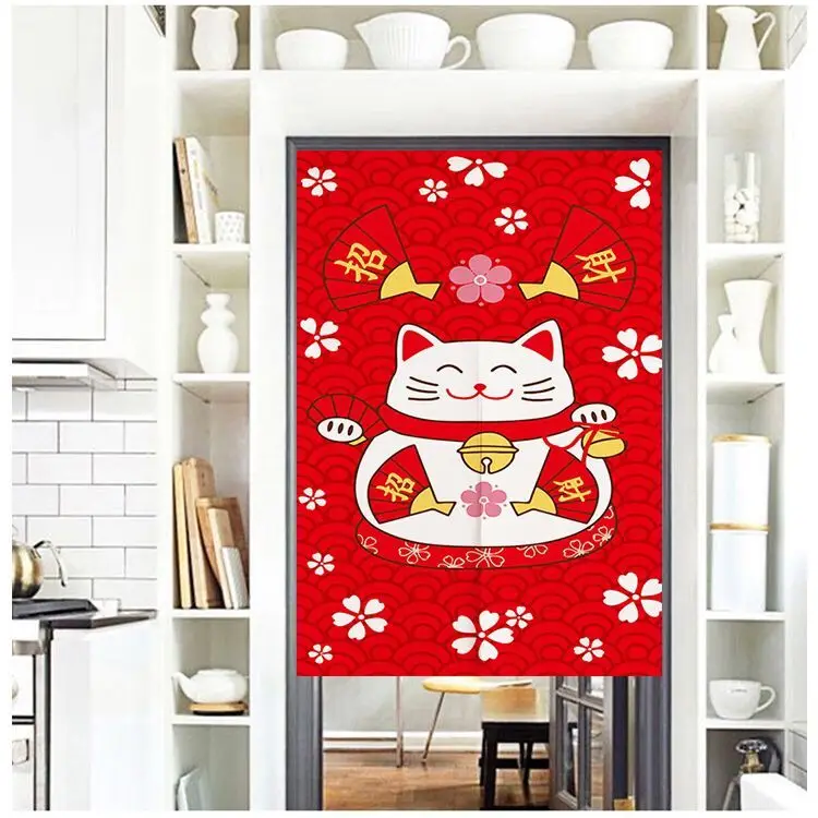 Тканевая занавеска Lucky Cat красная Праздничная на половину панели для душа туалета