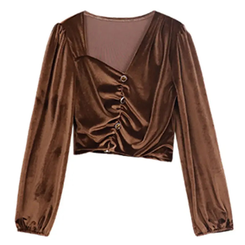 

Black Puff Sleeve Blouse Women Vintage Velvet Irregular Slant Collar T-Shirt Top Women Shirt 2020 Korean New Style Dropshipping