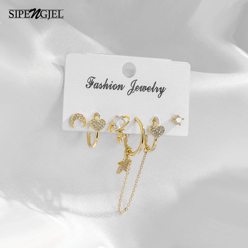 

Fashion Micro Cz Crystal Cute Moon And Star Set Hoop Earrings 6 pcs sets Earings For Women Jewelery Accessories 2021 trend