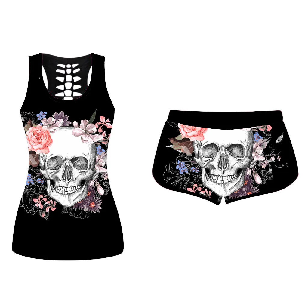 

Skull Head Rose Two Piece Yoga Set Women 3D Print Vest Hollow Out Tank Top High Waist Short Summer Casual Sport-5