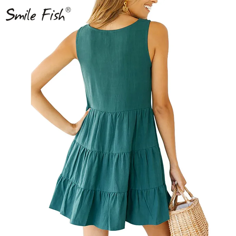 Женский сарафан трапеция без рукавов с рюшами и пуговицами|Женские платья| |