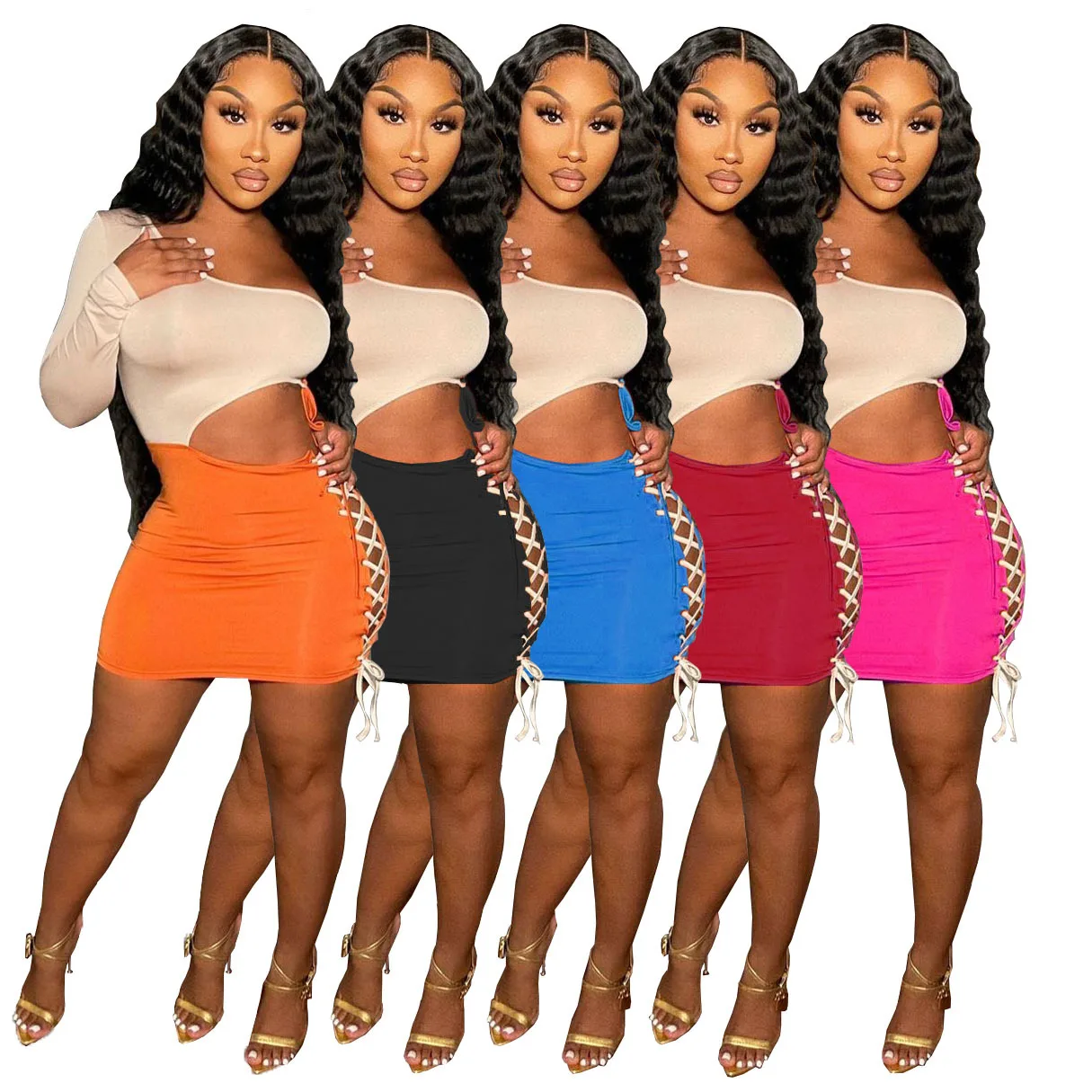 

Sexy Side Slit Lace Up Mini Women Dress Fashion Color Block Patchwork Hollow Out One Shoulder Bodycon Clubwear Party Dress Robe