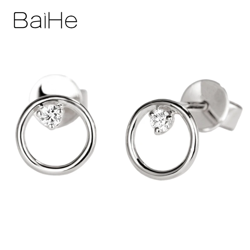 White Gold BAIHE Твердое 14 к желтое золото 0.06ct H/SI круглые натуральные бриллианты, ювелирные изделия для свадьбы, помолвки, хорошее ювелирное изделие, подарок, круглые серьги-гвоздики - Цвет камня: White Gold