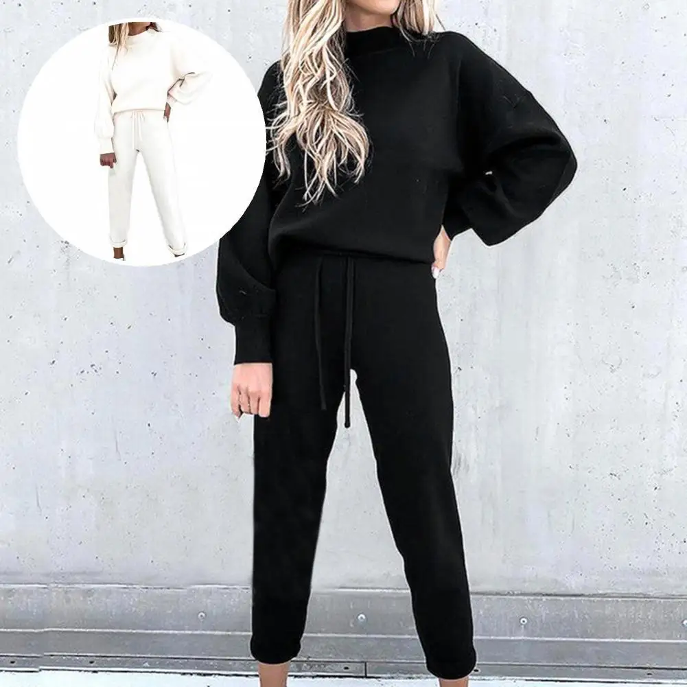 

Pocket Warm Solid Color Half High Collar Sweatshirt Pants Set for Party