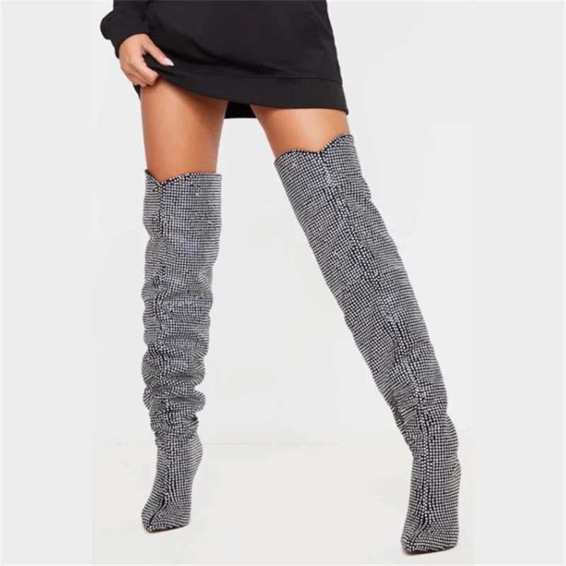 

Over Knee Boots Autumn And Winter New Pointed Rhinestone Fashion 2021 Trend Thin High Heels Women's Set Feet Wrinkled Women's