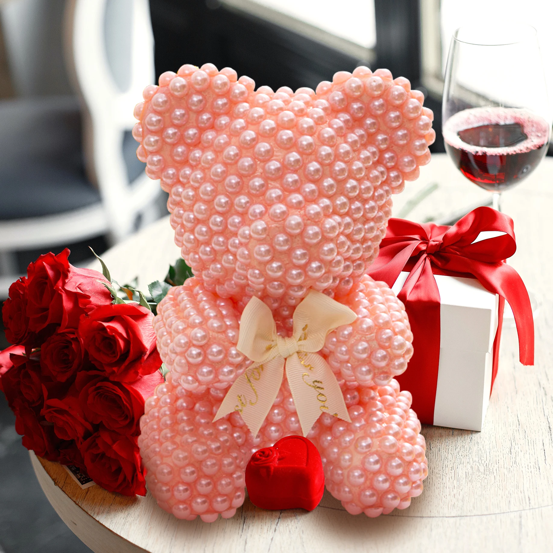 

Cartoon Pearl Bear Valentine's Day Gift Gift Christmas Holiday Birthday Gift New Year Rose Bear With Gift Box