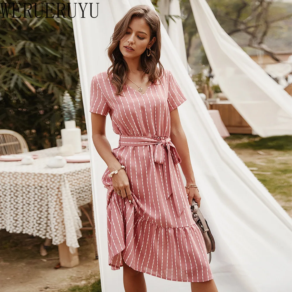 

New Casual Ruffle Midi Striped Short Sleeve Woman Dress 2021 Bandage Harajuku Summer V-neck Elegant Dresses for Women Clothes