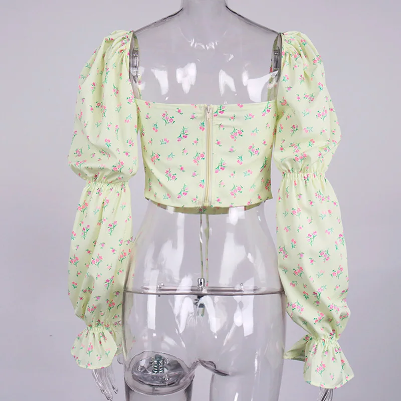 

Fashion Floral Print Lace Up Women's Crop Top New Square Collar Princess Sleeve Female Blouse Spring Lady Sweet Slim Blouses