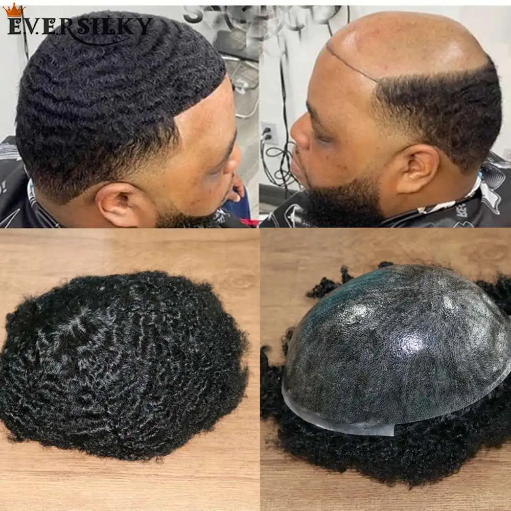 

Afro 10mm Wave Human Hair Toupees for Africa-American Men Natural Black Indian Human Hair 120% Density Injection Toupees