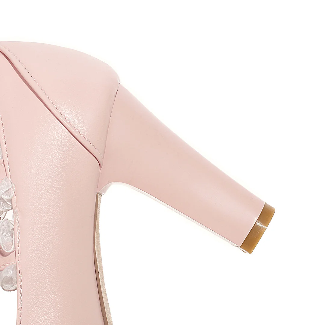 Cross Strap Women Spike High Heels Mary Jane Shoes Party Wedding Cosplay White Pink Lace Ruffles Bow Princess Lolita Pumps 34-46