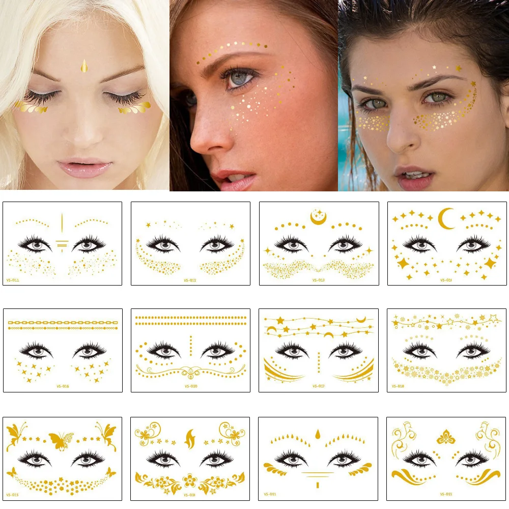 Золотая временная металлическая тату наклейка на лицо для женщин цепочка со