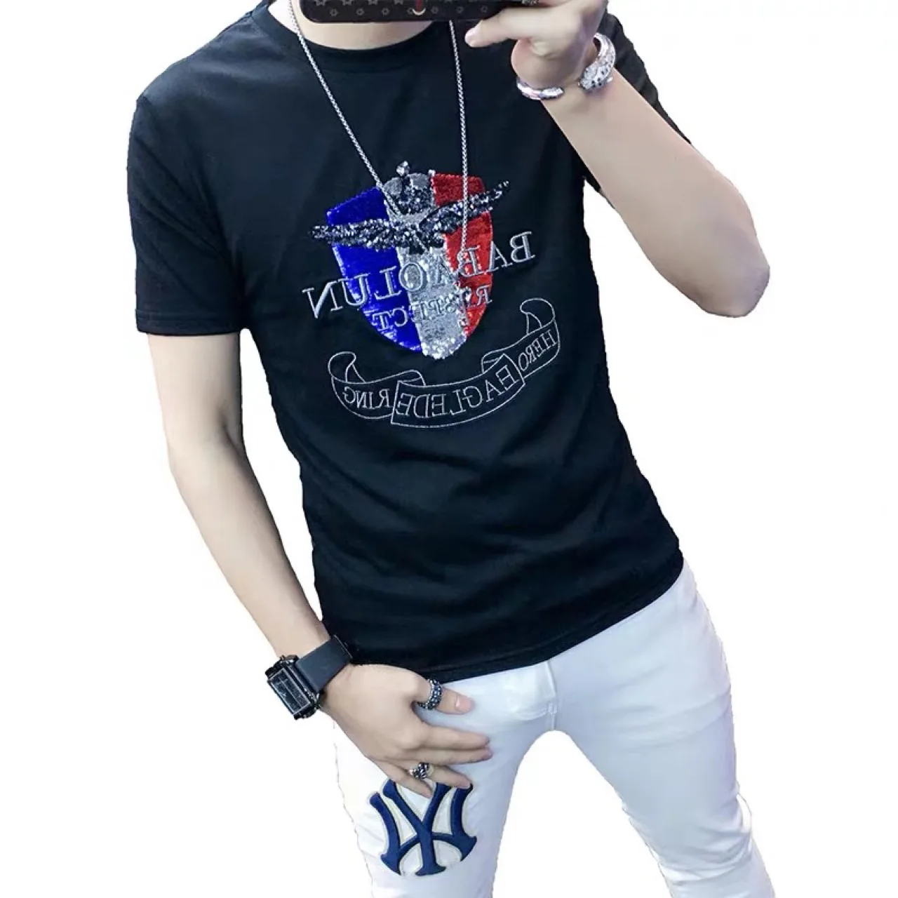 

2021 summer new short-sleeved t-shirt trendy slim men's heavy industry embroidery pattern half-sleeved top