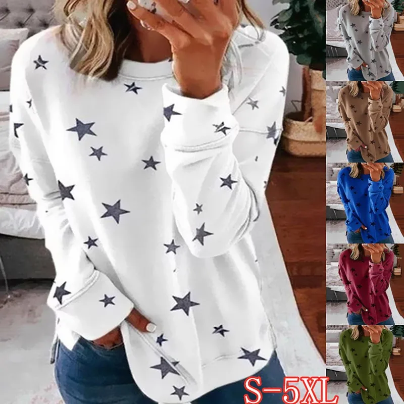 

Autumn New Long Sleeve T-Shirt Women Pentagram Printed O-Neck White Tee 2020 Casual Top S-5XL Big Size Female Loose T-Shirts