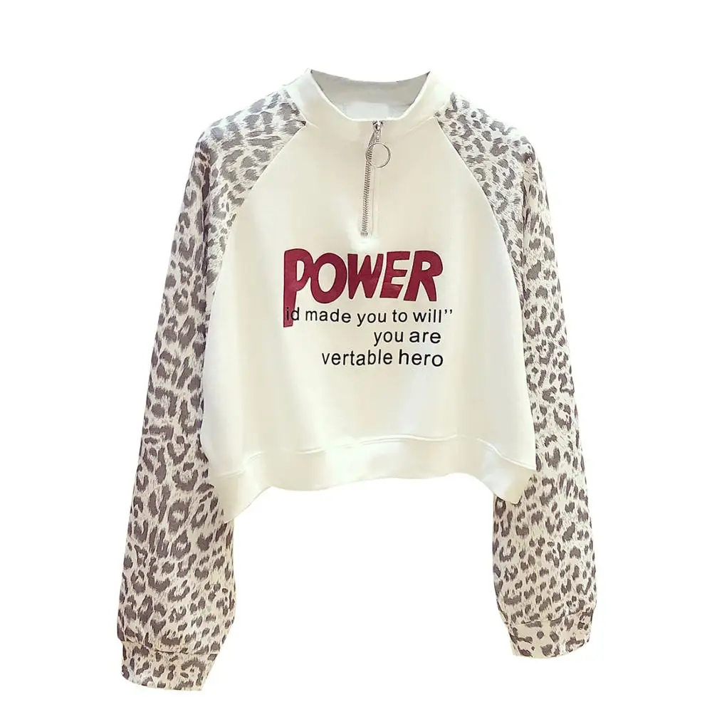 

2020 New Autumn Women's Zipper Letter Print Leopard Long Sleeves Tops Girls Ladies Pullover Casual Short Hoodies Blouse A3991