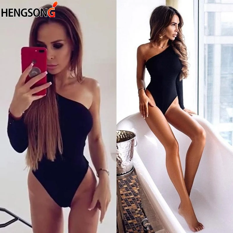 

Боди женское черное на одно плечо, с открытыми плечами, с длинным рукавом