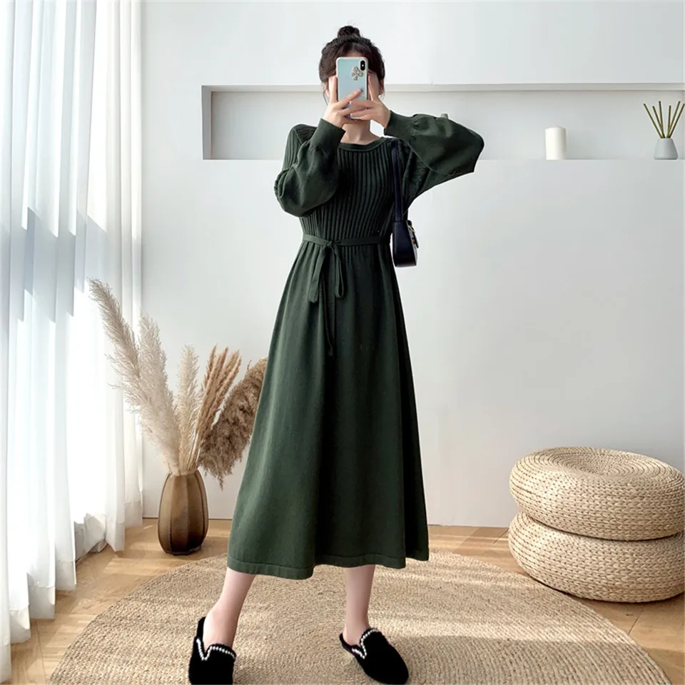 Осеннее женское платье зимнее однотонное вязаное с длинным рукавом Женское