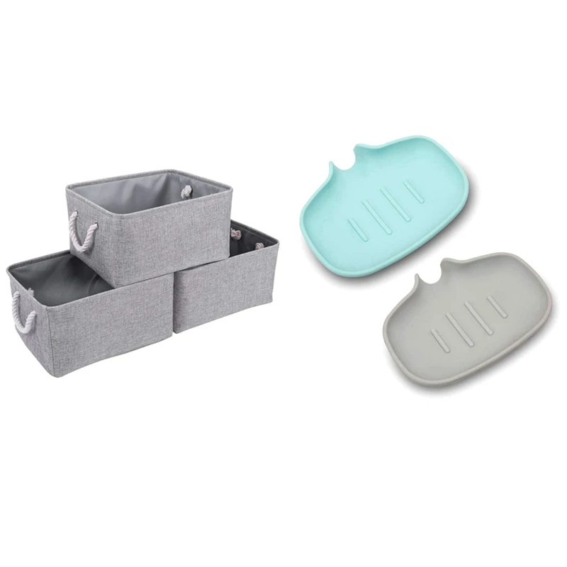 

3 Pcs Grey Storage Basket Rectangular Storage Bins Baskets Linen & 2X Bar Soap Dish Tray With Drain