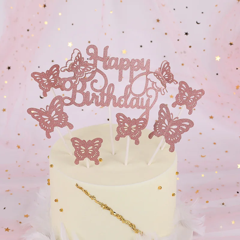 

Cake Decorations Gold Sliver Rosegold Giltter Butterflies Heart Star Happy Birthday Cake Toppers Set for Baithday Dessert Decor