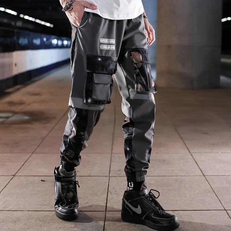 

Streetwear Hip Hop Men Military Pants Patchwork Pocket Side 2022 New Ribbons Joggers Sweatpants Ankle Length Trousers For Male