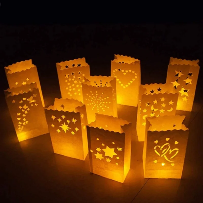 

10pcs Flame Resistant Candle Bags White Luminary Bags Tea Light Luminaries For Wedding Valentine's Day Romantic Led Paper Lanter