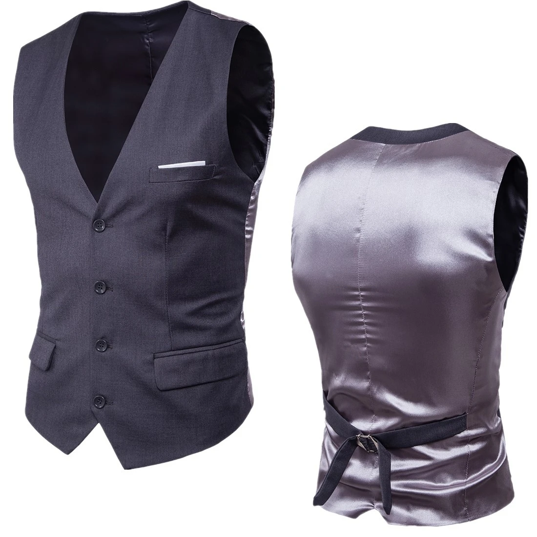 Облегающий модный жилет на одной пуговице мужской темно серый деловой
