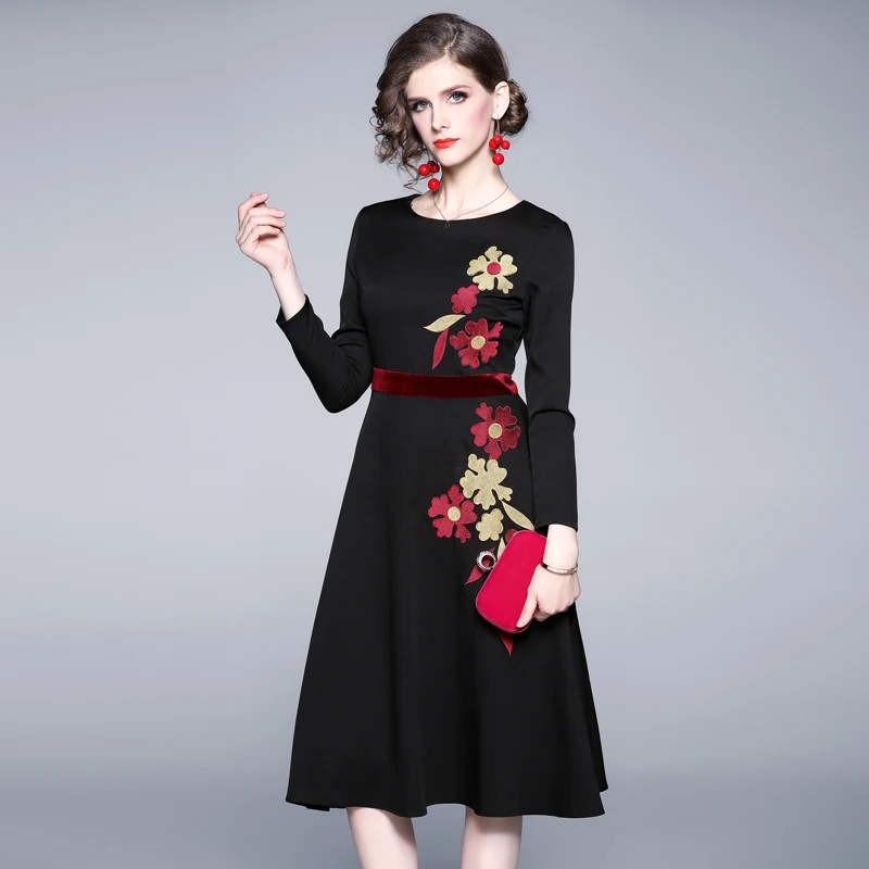 Осеннее бархатное платье с длинным рукавом и вышивкой женская одежда 2020