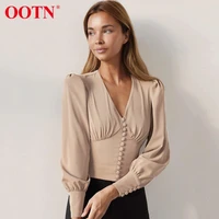 ootn elegant party shirt lantern sleeve v neck single breasted womens blouse pleated autumn slim short solid retro%c2%a0top women