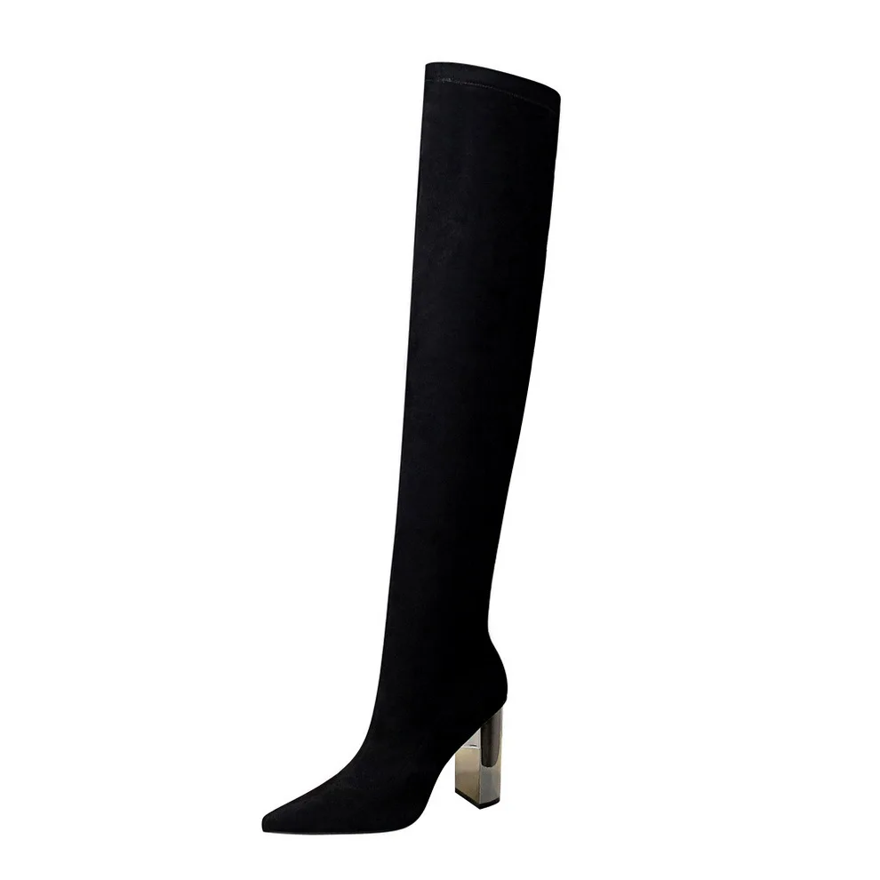 

The European and American Fashion Metal Thick with Sexy High-heeled shoes Flock and Pointed Toe Warm Knee-high Women's boots