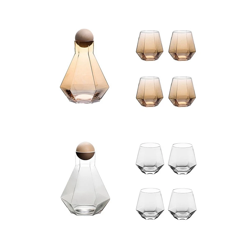

2 Set Diamond Whiskey Glasses Sets Water Kettle with Wood Ball Lid Clear Jug, Amber & Transparent