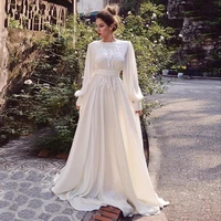 new modest ivory long sleeves wedding dresses chiffon wedding gowns jewel neckline appliqued bridal dresses saudi arabic 2021
