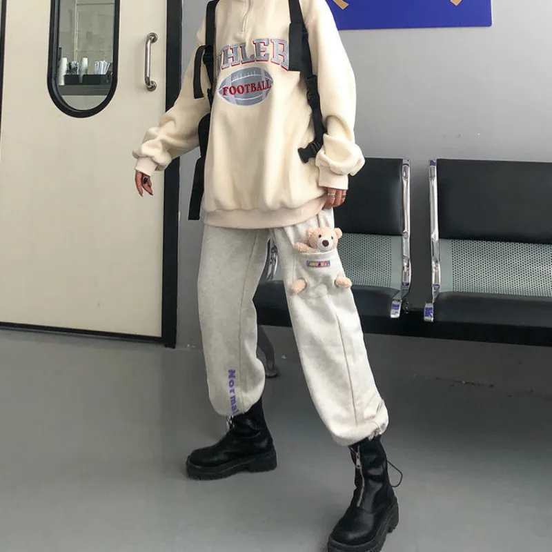 

Pants Autumn and Winter Plus Velvet Thickening Bear Doll Beam Foot Sweatpants Female Students Korean Loose and Thin Casual Pants