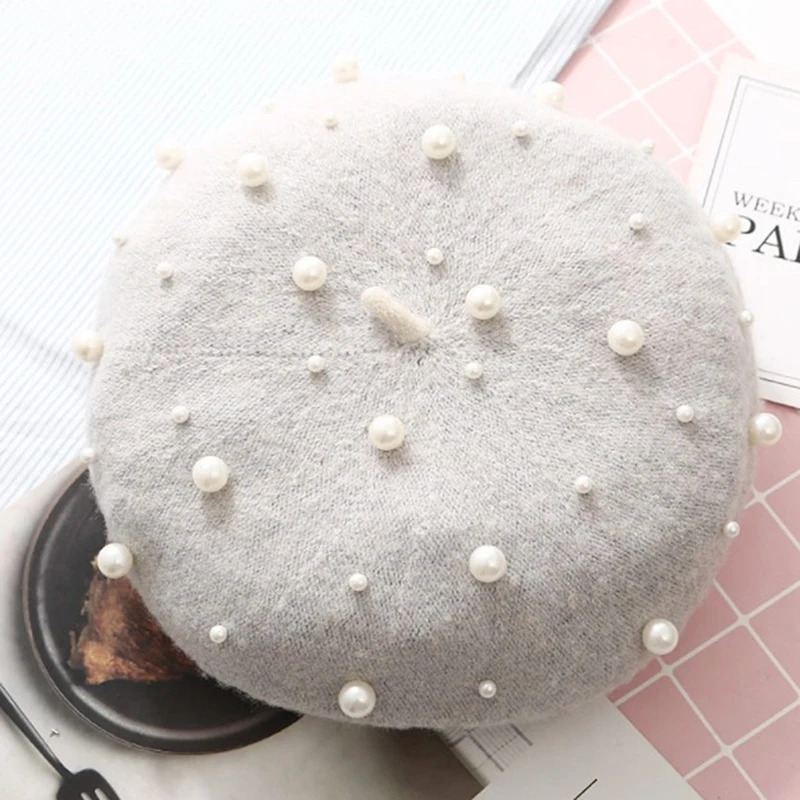 

Fashion Heavy Work Beret Cap Korean Version Of Autumn And Winter Full Of Stars Beaded Pearl Rivet Wool Beret
