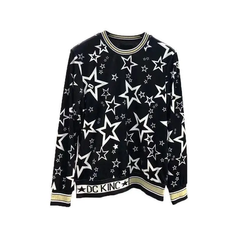 

European station autumn and winter new style Plush men's star pattern long sleeve top fashion brand slim round neck top