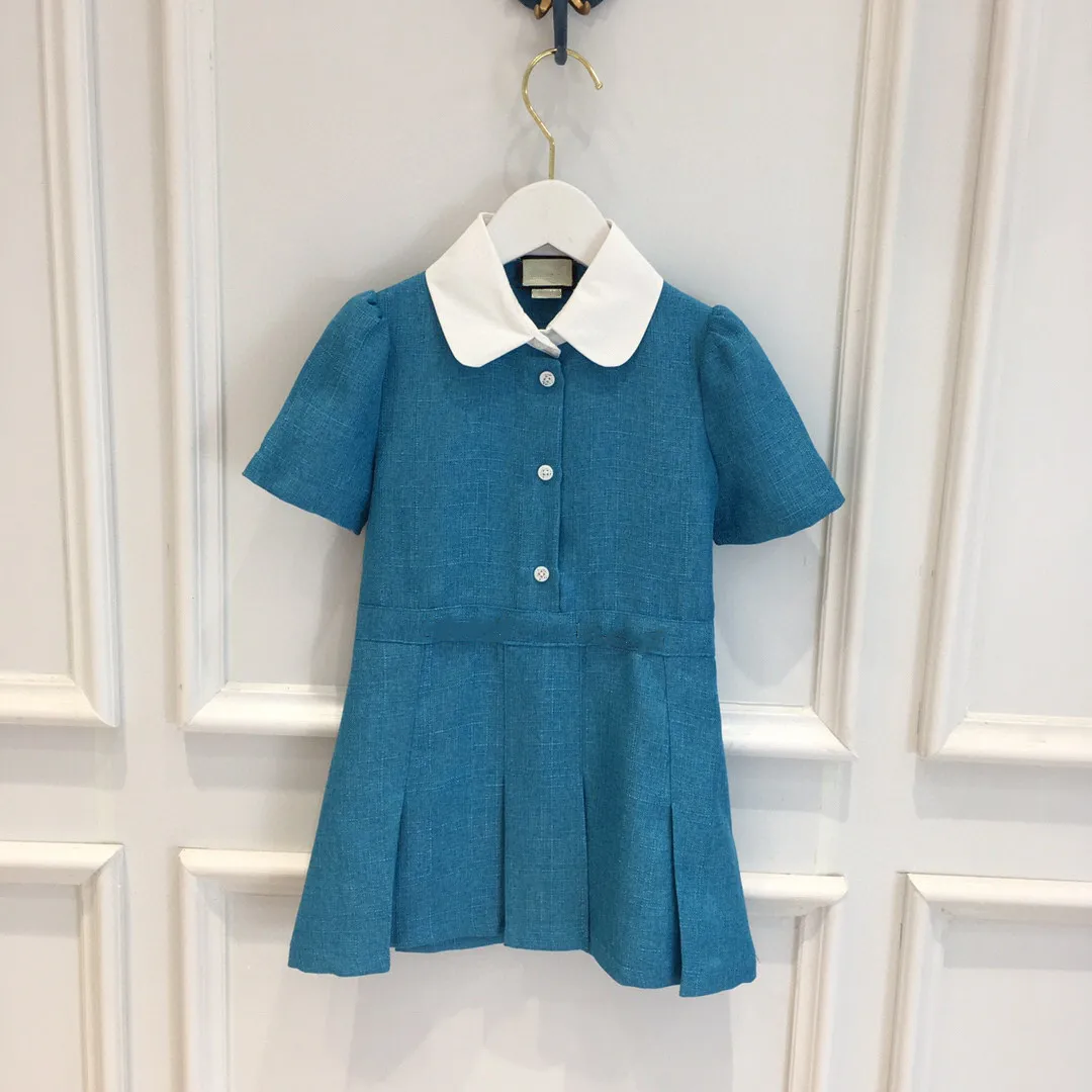 

2022 Summer top high quality fashion brand sky blue shirt collar bubble Short Sleeve Dress Girl Dress 2 4 6 8 10 years old