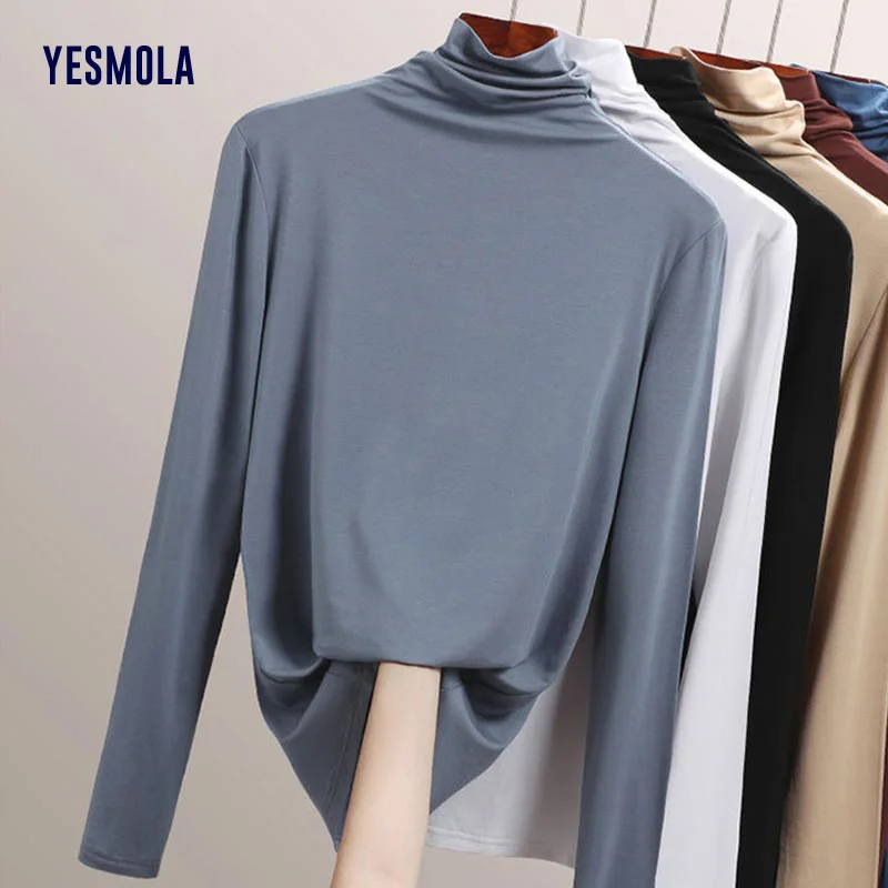 

YESMOLA Women's Long Sleeve Tshirt Solid Simplicity T-Shirt 2023 Spring Autumn Fashion Half High Collar Basic Bottoming Tshirt