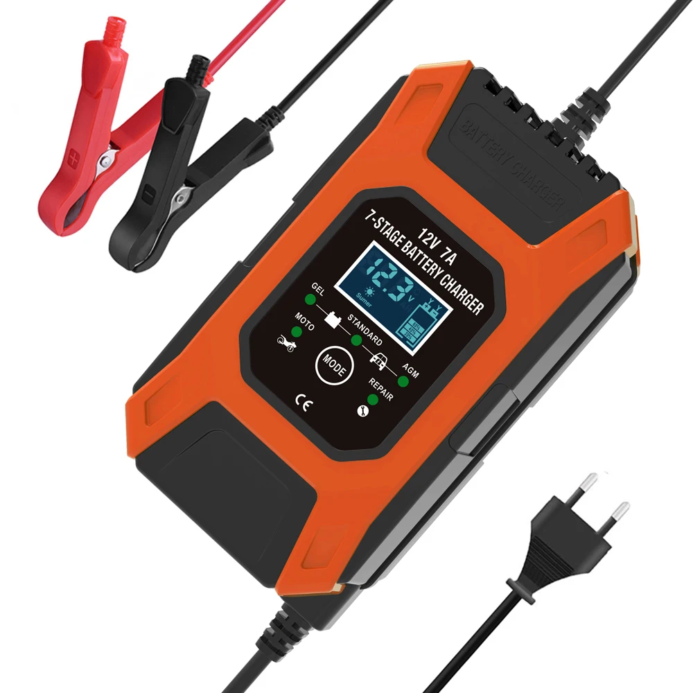 

FOXSUR 12V 7A 7-stage Battery Charger , Lead GEL STD AGM Car Motorcycle Battery Charger, Pulse charge Maintainer & Desulfator