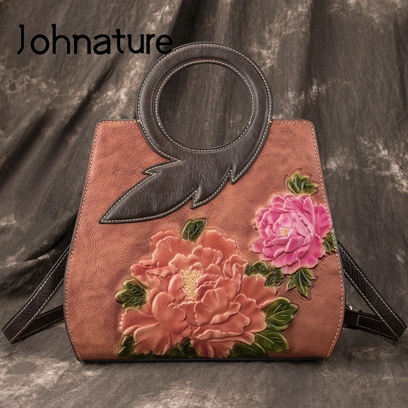 

Женская сумка ручной работы Johnature, винтажная из воловьей кожи с тиснением в стиле ретро, сумка через плечо с цветочным принтом, 2021