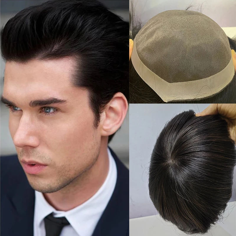 Fine Mono Toupee Human Hair Wig Toupee Indian Remy Hair System Men Hairpiece Straight Hair Natural Black